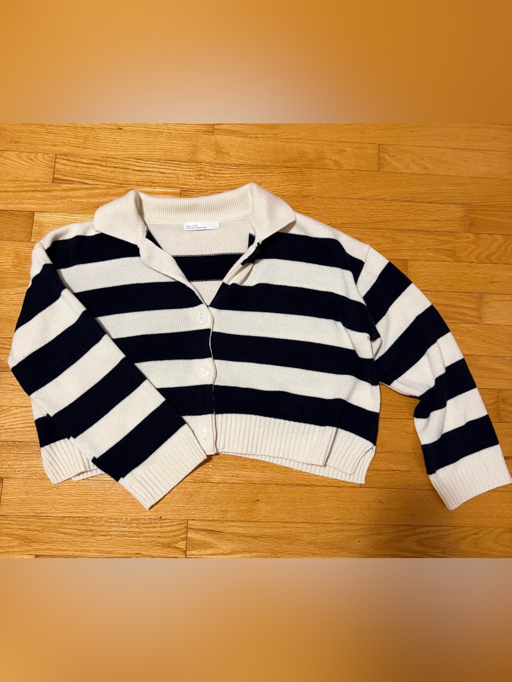 OAK + FORT Black & White Striped Cropped Button-Front Cardigan